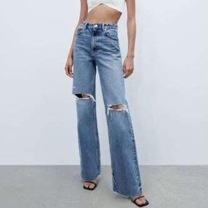 Zara wide leg ripped knee jeans